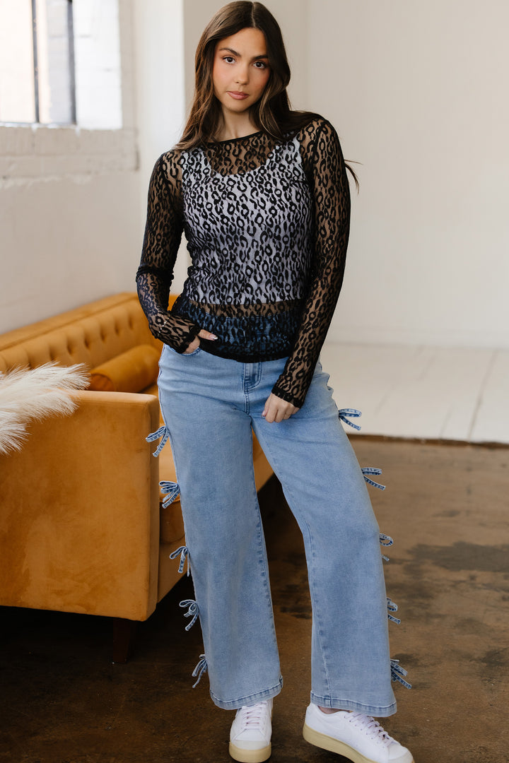 Leopard Pattern Sheer Mesh Long Sleeve Top
