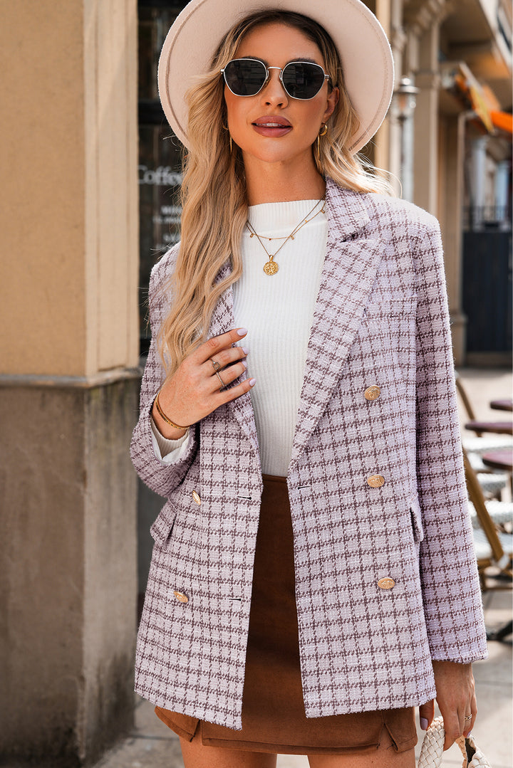 Burgundy Elegant Tweed Plaid Blazer