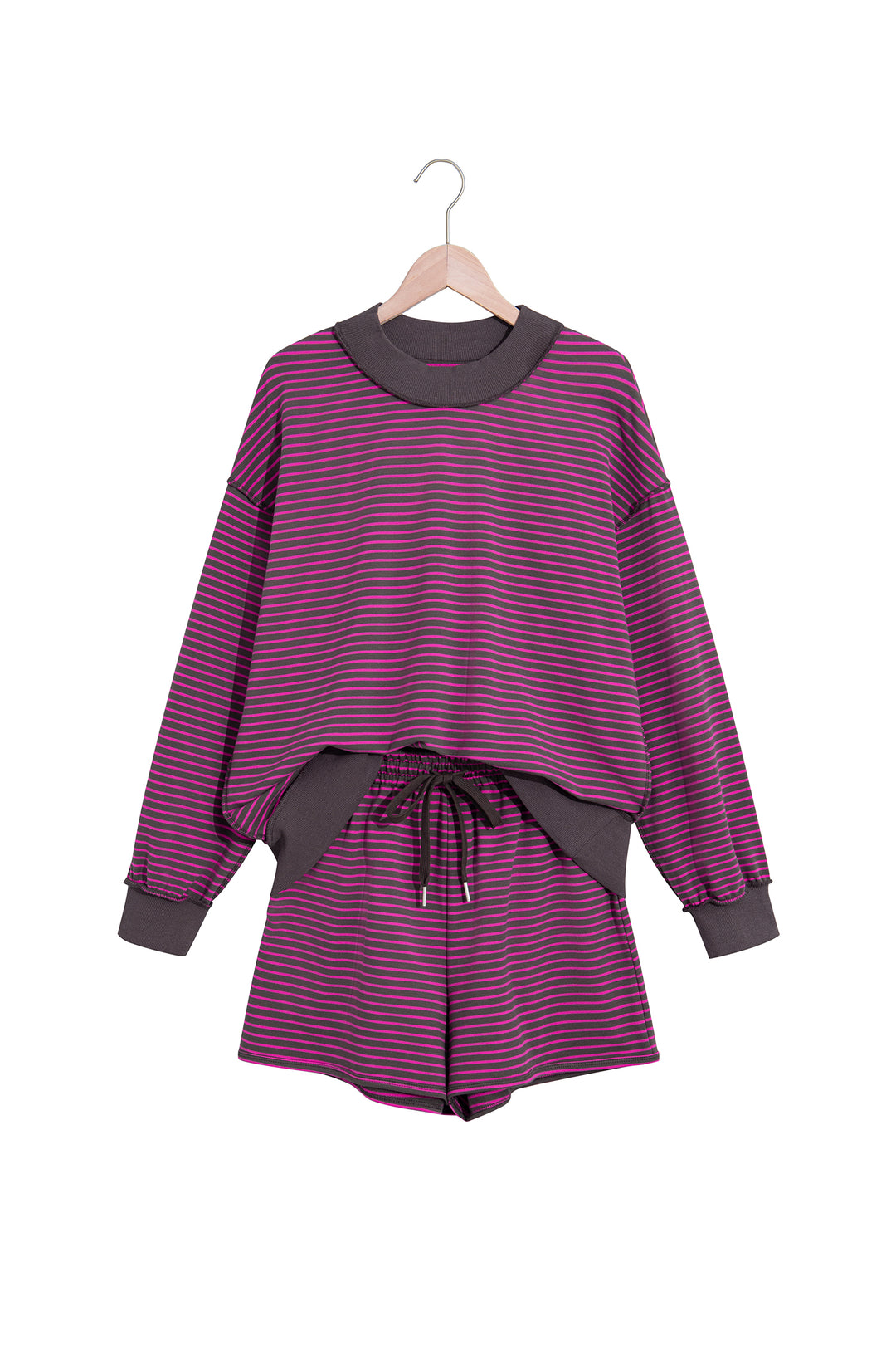 Brown Ribbed Patchwork Mock Neck Baggy Pullover Matching Shorts Set