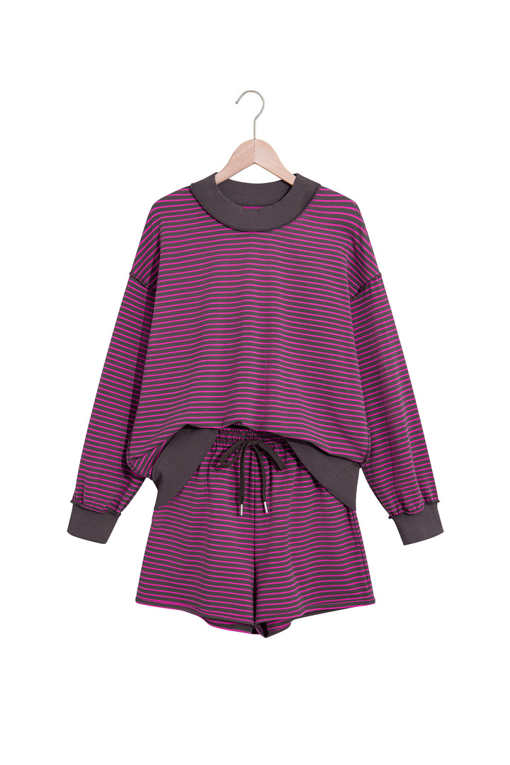 Brown Ribbed Patchwork Mock Neck Baggy Pullover Matching Shorts Set