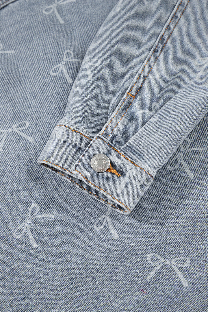 Bow Knot Print Light Wash Raw Hem Denim Jacket