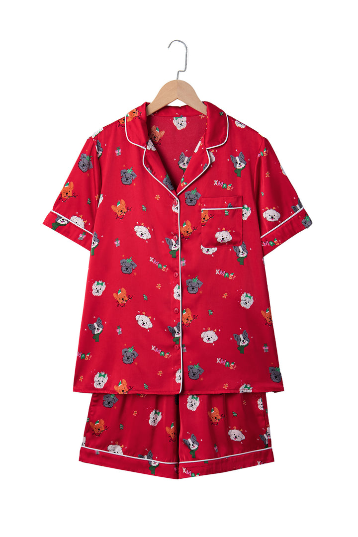 Racing Red Festive Dog Print Short Sleeve Two Piece Lounge Set