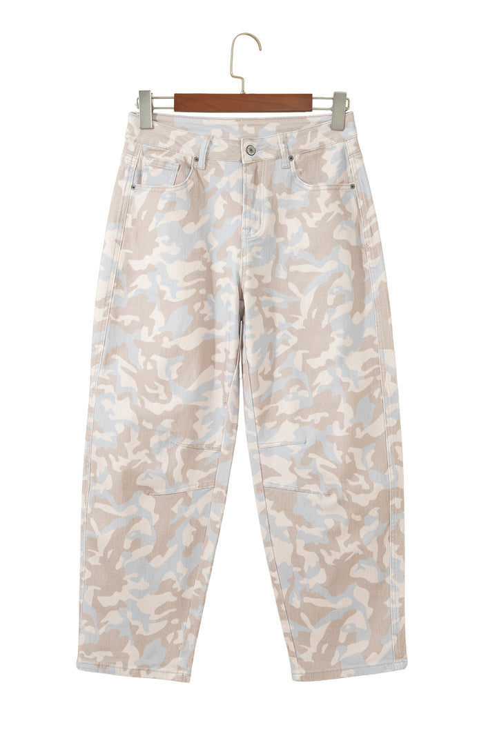 Khaki Camouflage Print Pocket Ankle-Length Barrel Jeans