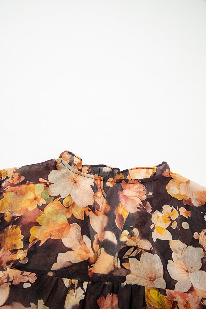 Floral V Neck Long Puff Sleeve Breezy Blouse