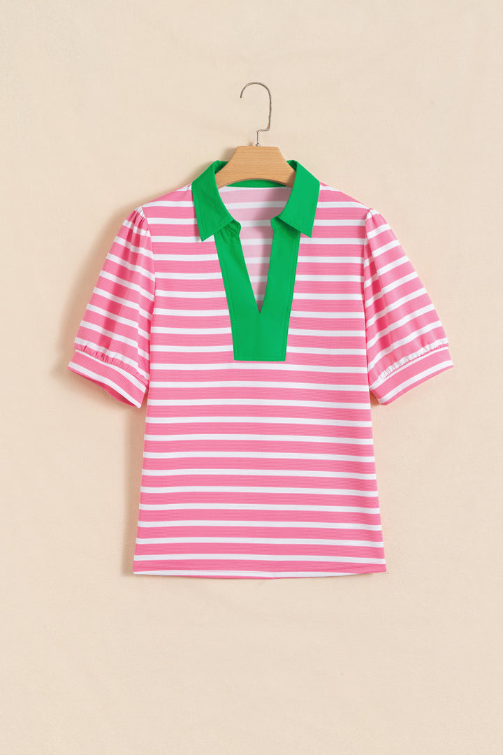 Pink Stripe Short Puff Sleeve Color Block Polo Collar Blouse
