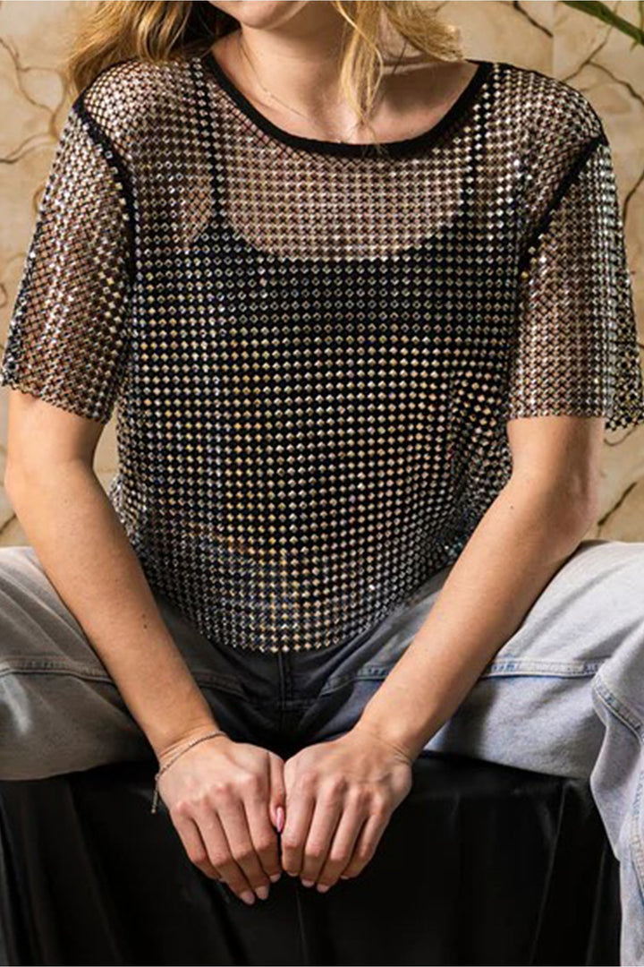 Color black Rhinestone Mesh Round Neck Raw Hem T Shirt