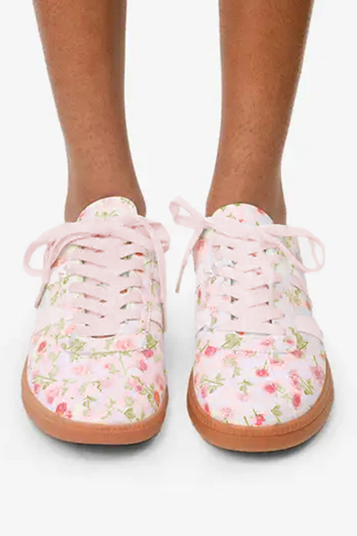 Floral Print Lace-up PU Leather Flat Shoes