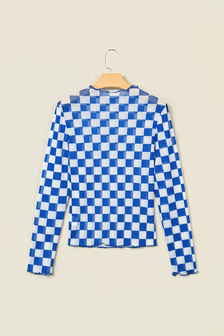 Dark Blue Plaid Mesh Sheer Long Sleeve Top