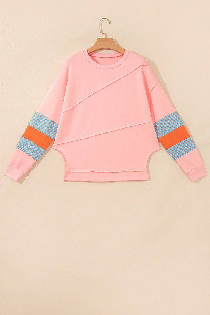 Pink Colorblock Striped Patchwork Raw Detail Long Sleeve Top