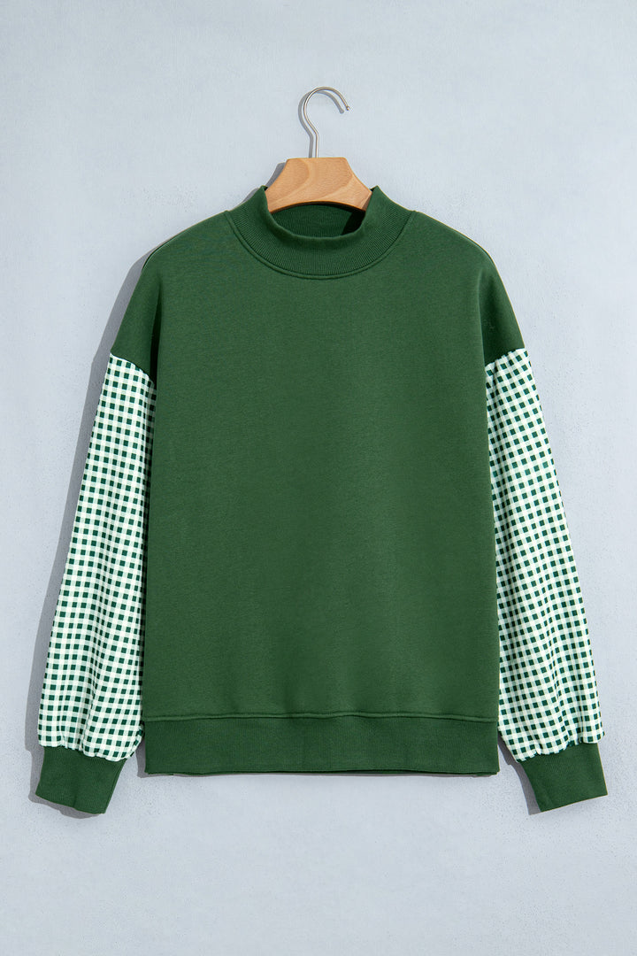 Evergreen Plaid Sleeve Colorblock Loose Tunic Sweatshirt