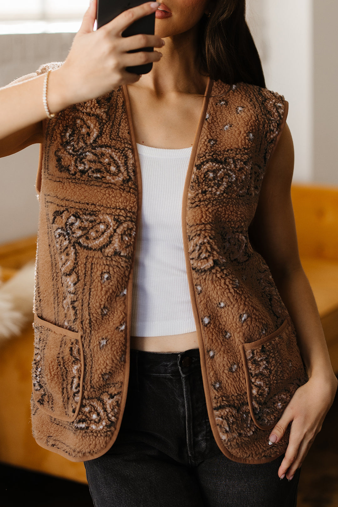 Brown Sherpa Paisley Print Pocketed Western Vest Jacket