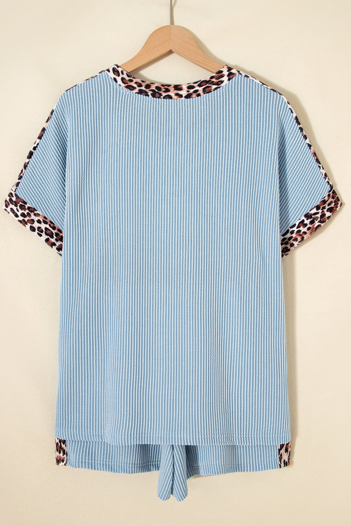 Sky Blue Leopard Trim Twist Ribbed Short Set
