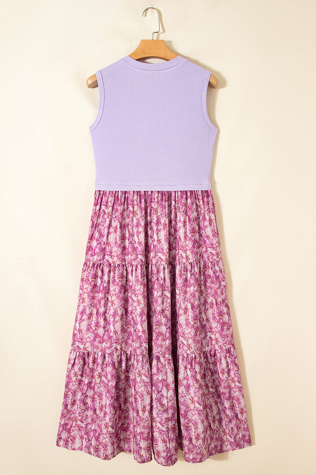 Purple Ribbed V Neck Tank Floral Contrast Long Dress