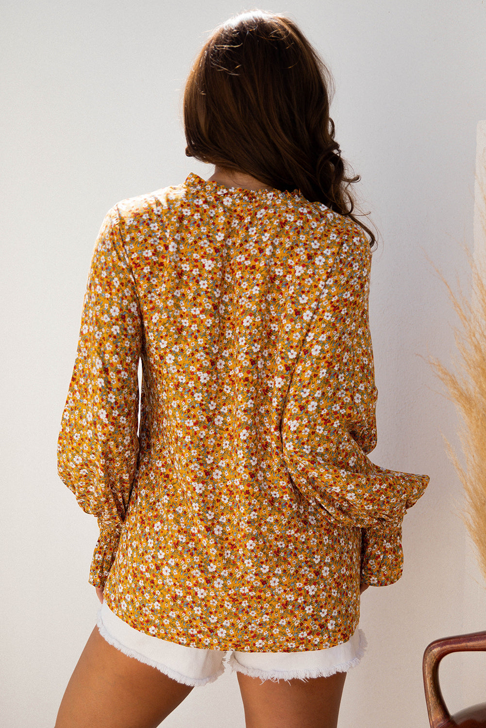 Boho Floral Ruffled Bubble Sleeve V Neck Fall Blouse