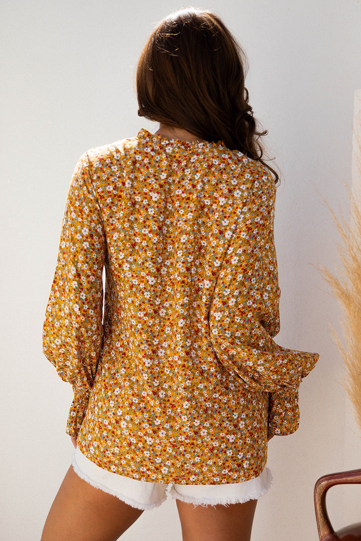 Boho Floral Ruffled Bubble Sleeve V Neck Fall Blouse