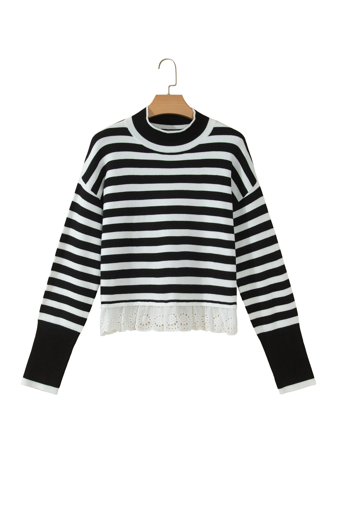 Black Striped High Neck Contrast Ruffle Detail Casual Sweater