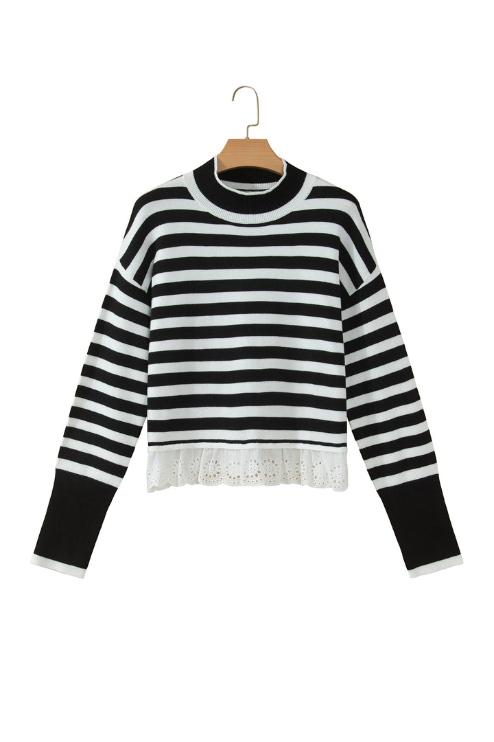 Black Striped High Neck Contrast Ruffle Detail Casual Sweater