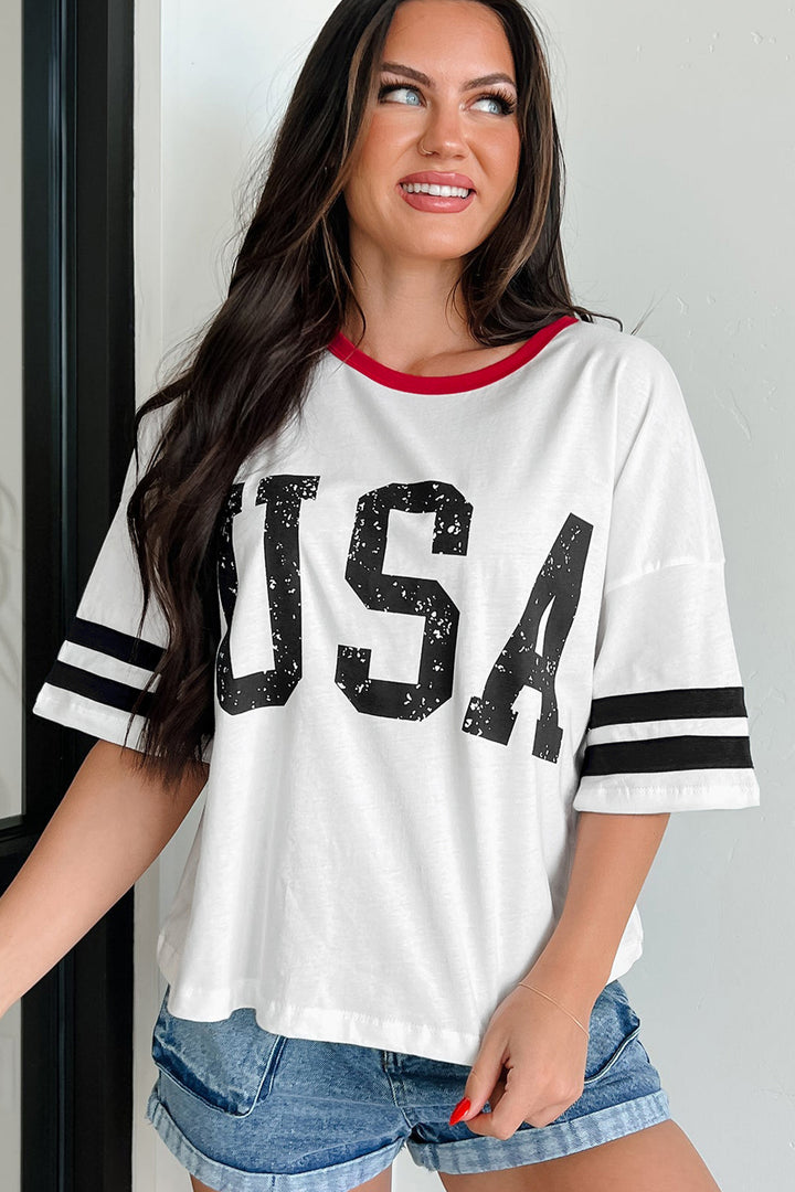 White USA Letter Printed Varsity Striped Sleeve Round Neck Tee