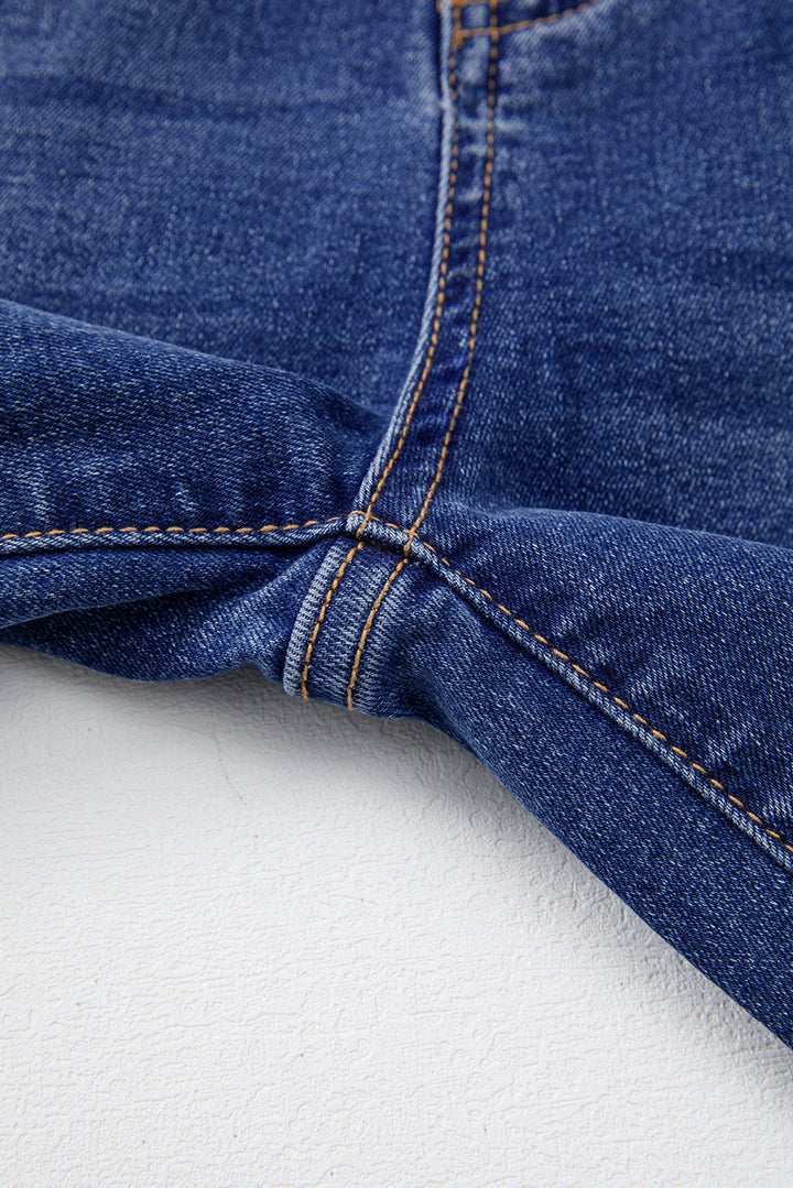 Dark Blue Whiskered Wash Raw Hem Cropped Jeans