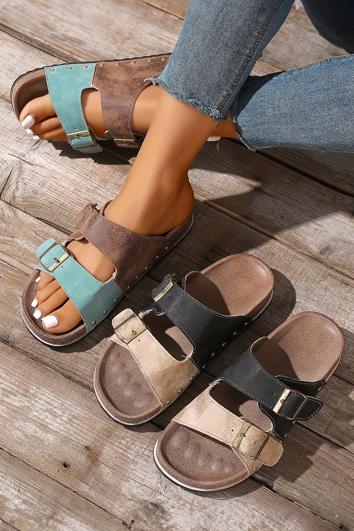 Two-tone Retro Buckle Straps Hollowed Faux Suede Slippers