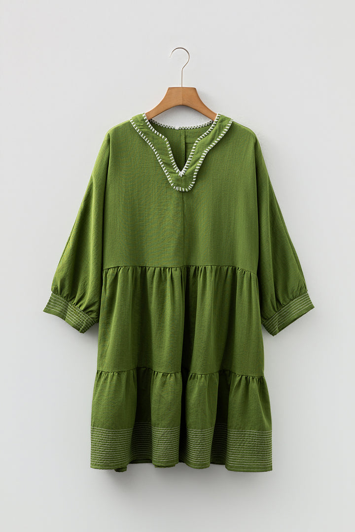 Contrast Stitched V Neck 3/4 Sleeve Tiered Mini Dress