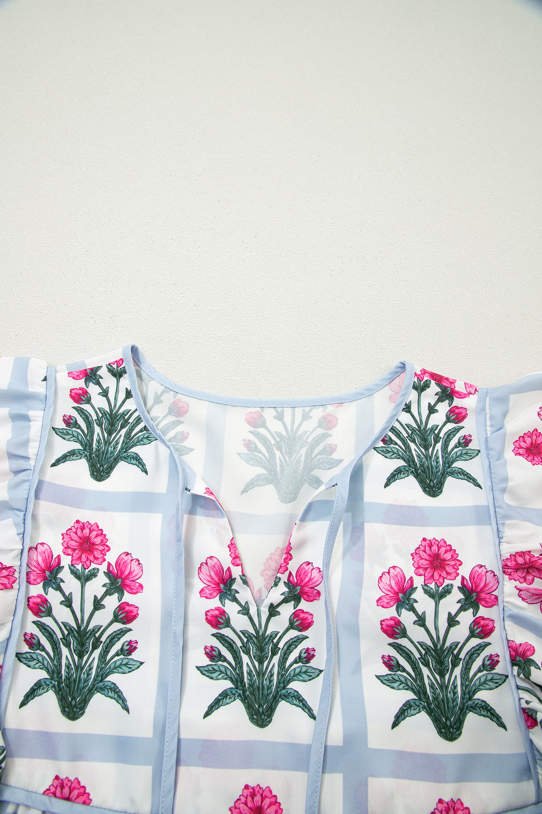 Pink Floral Flutter Sleeve Split V Neck Top