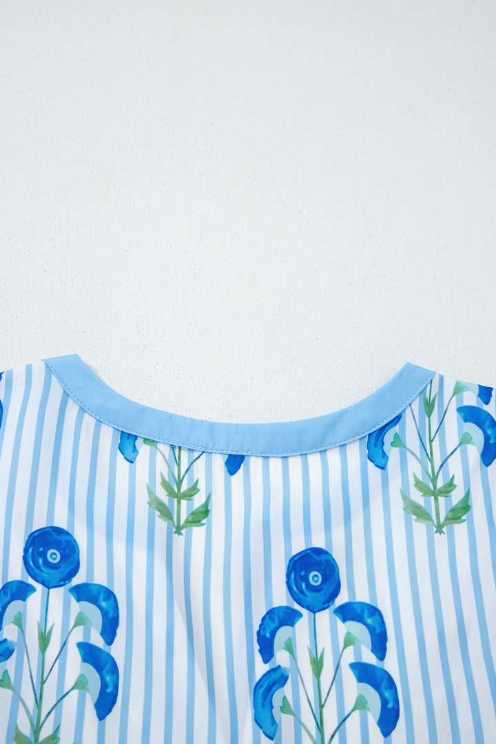 Sky Blue Floral Striped Print Tie Notched Neck Puff Sleeve Flared Mini Dress