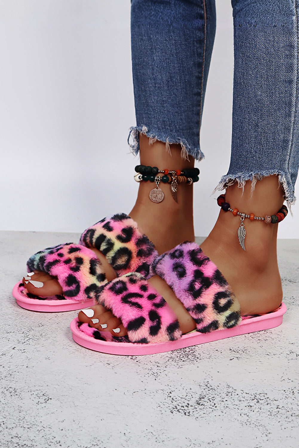 Bold Plush Leopard Double Band Flat Slippers