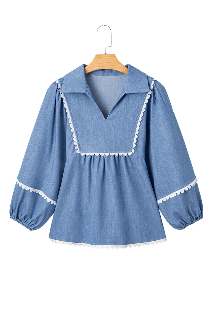 Lace Ric Rac 3/4 Puff Sleeve Collared Babydoll Blouse