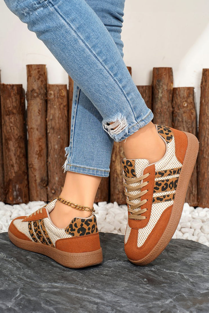 Checkered Leopard Color Block Patchwork Lace Up Sneakers