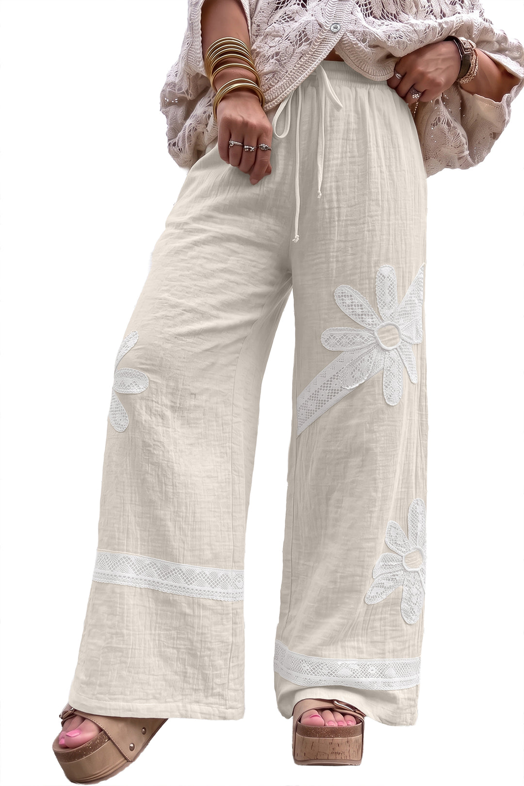 White Floral Lace Patchwork Boho Wide Leg Casual Cotton Pants
