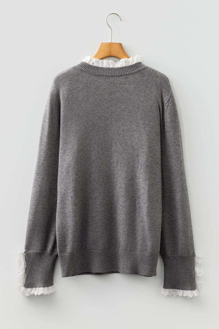 Sleet Lace Trim Patchwork Buttoned Cuffs Loose Sweater
