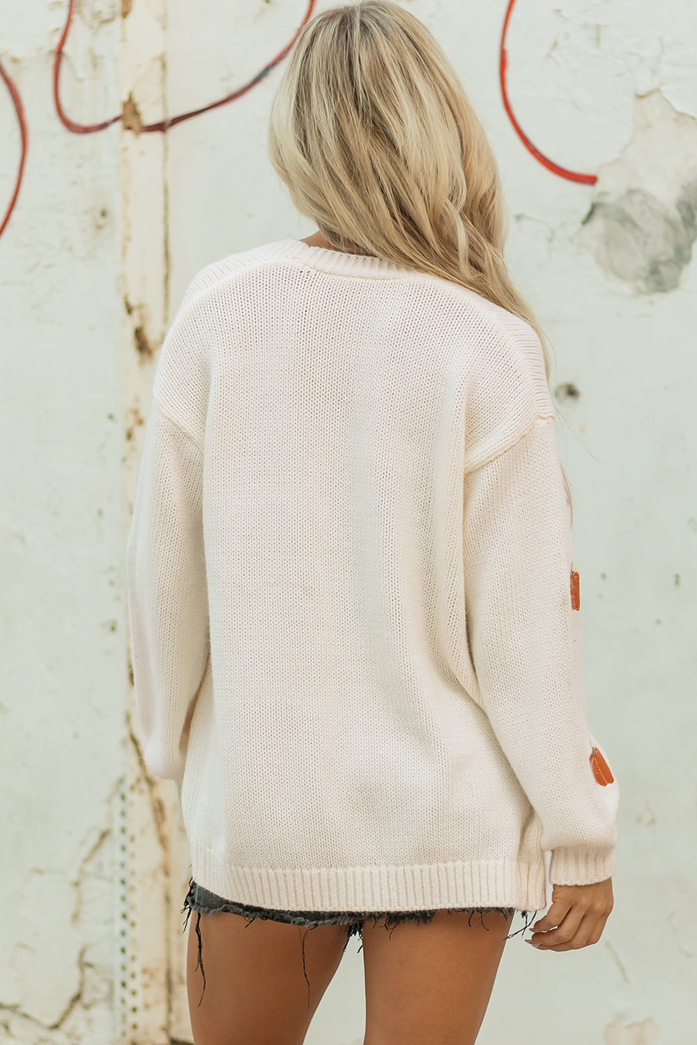 Pumpkin Print Open Front Drop Shoulder Midi Cardigan