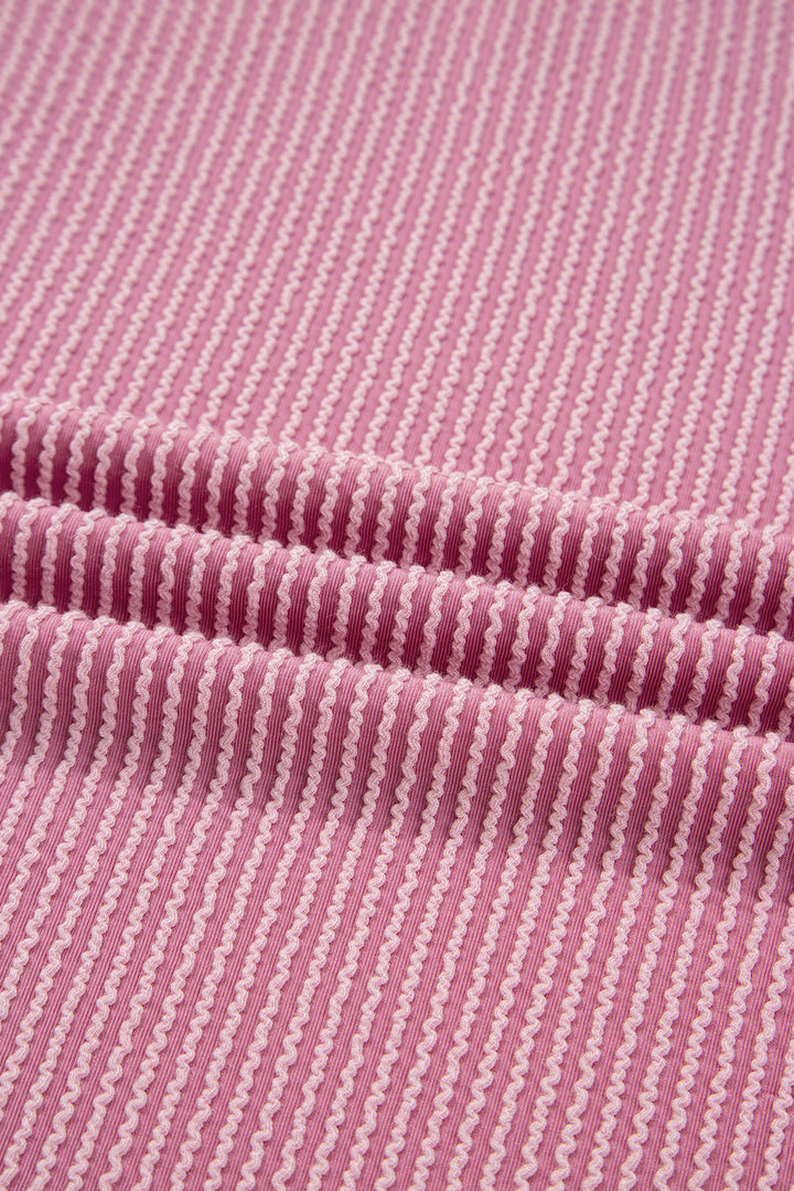 Pink Twisted Rib Texture Exposed Seam Patchwork Loose Long Sleeve Top
