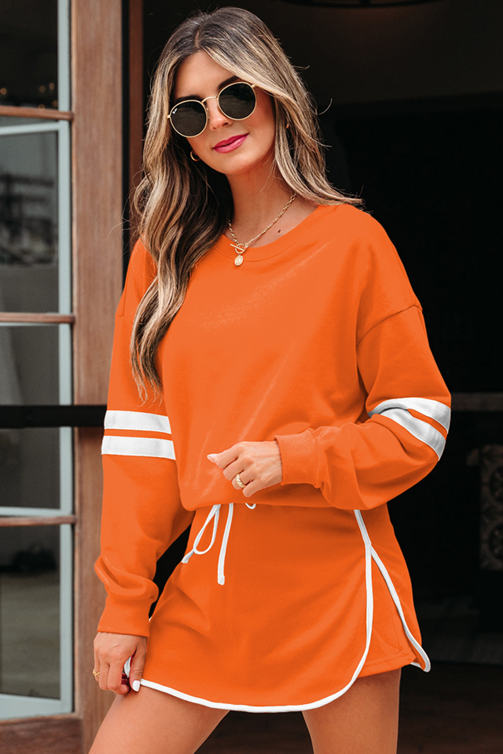 Orange Varsity Stripe Detail Pullover Mini Skort Set