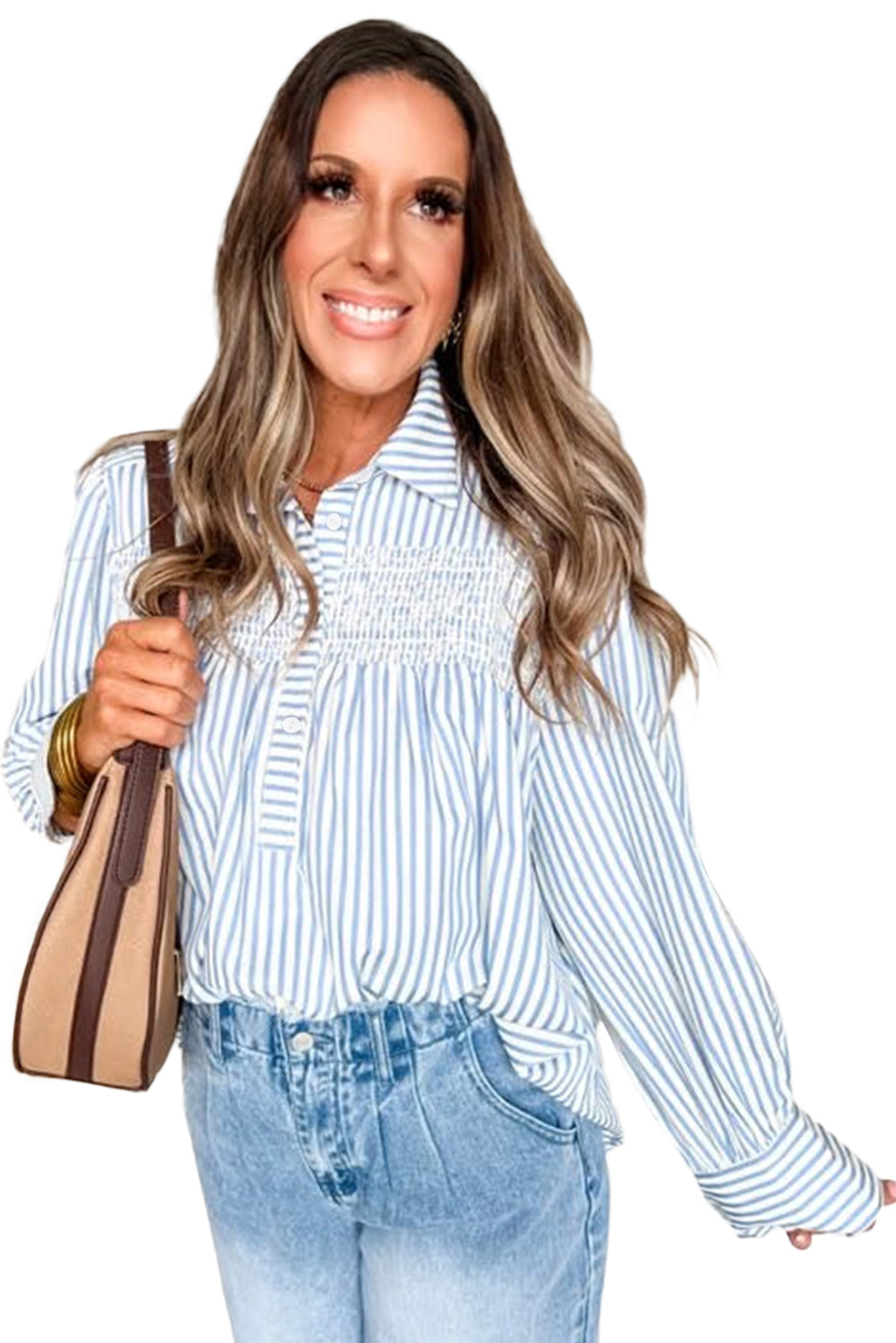 Shirred Detail Half Placket Collared Long Sleeve Fall Shirt