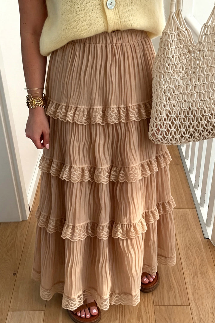 Smoke Gray Pleated Tiered Lace Trim Maxi Skirt
