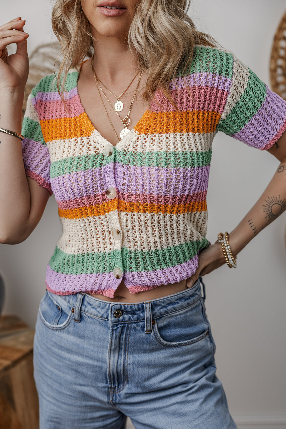 Colorblock Striped Pointelle Knit V Neck Buttoned Crop Short Sleeve Sweater
