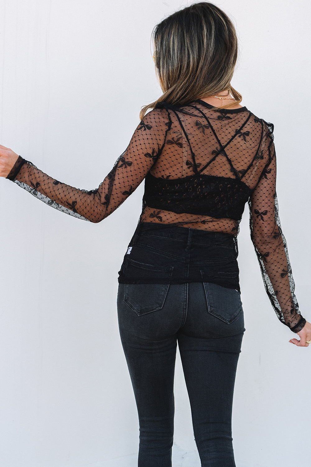 Bow Pattern Accent Mesh Long Sleeve Top