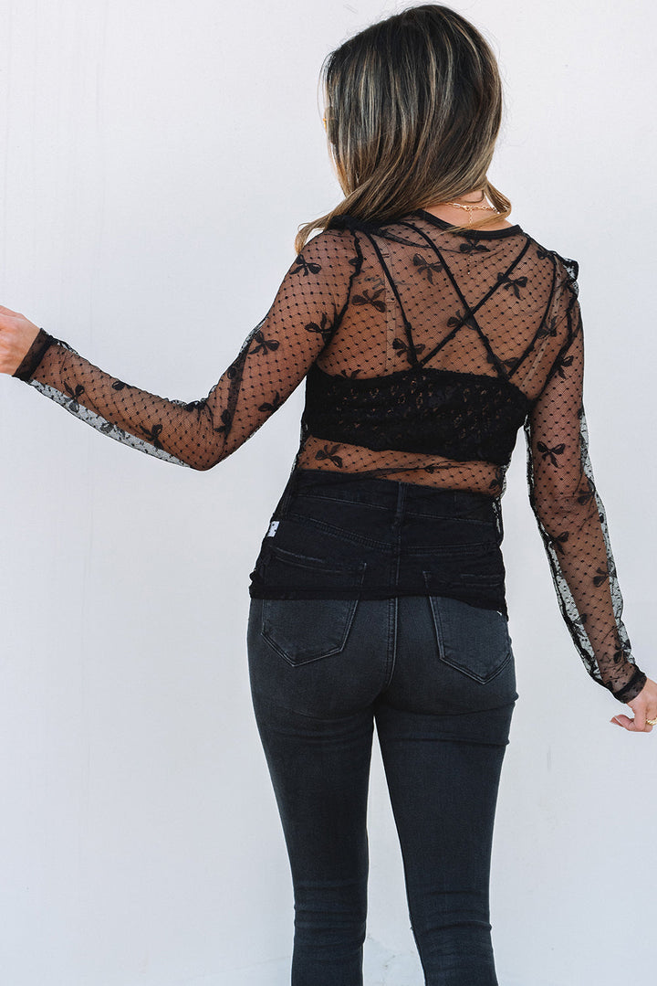 Bow Pattern Accent Mesh Long Sleeve Top