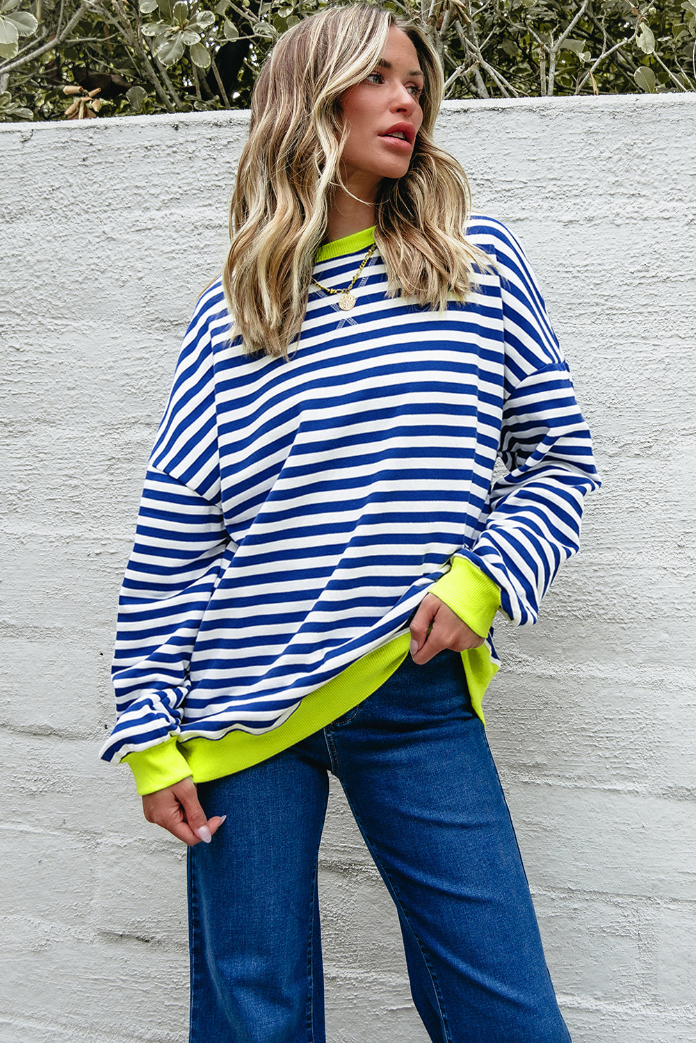 Striped Contrast Ribbed Trim Crossed Stitch Drop Shoulder Sweatshirt