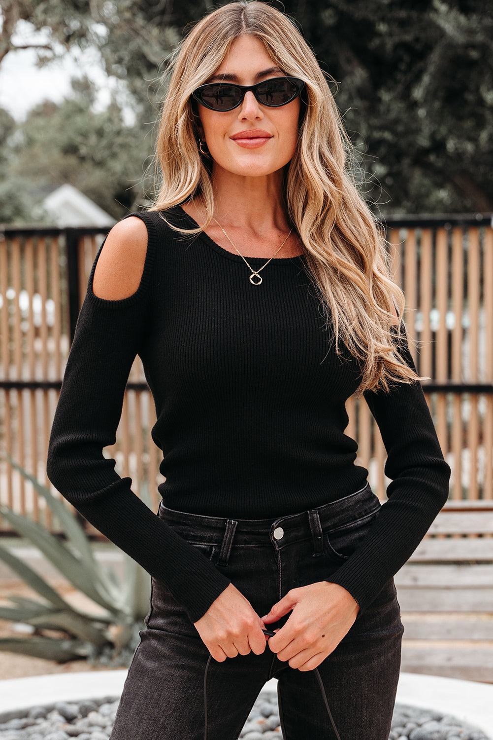 Ribbed Knit Cold Shoulder Sweater