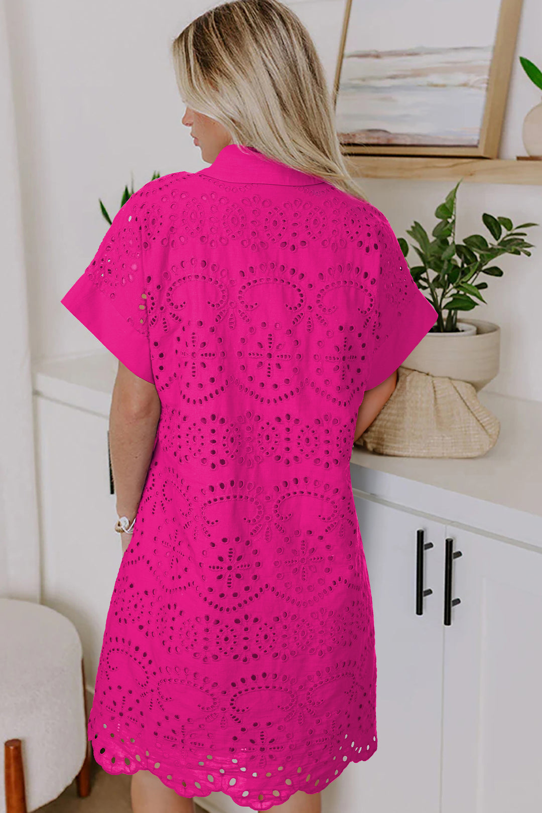Chic Rose Red Solid Color Eyelet Embroidered Mini Dress