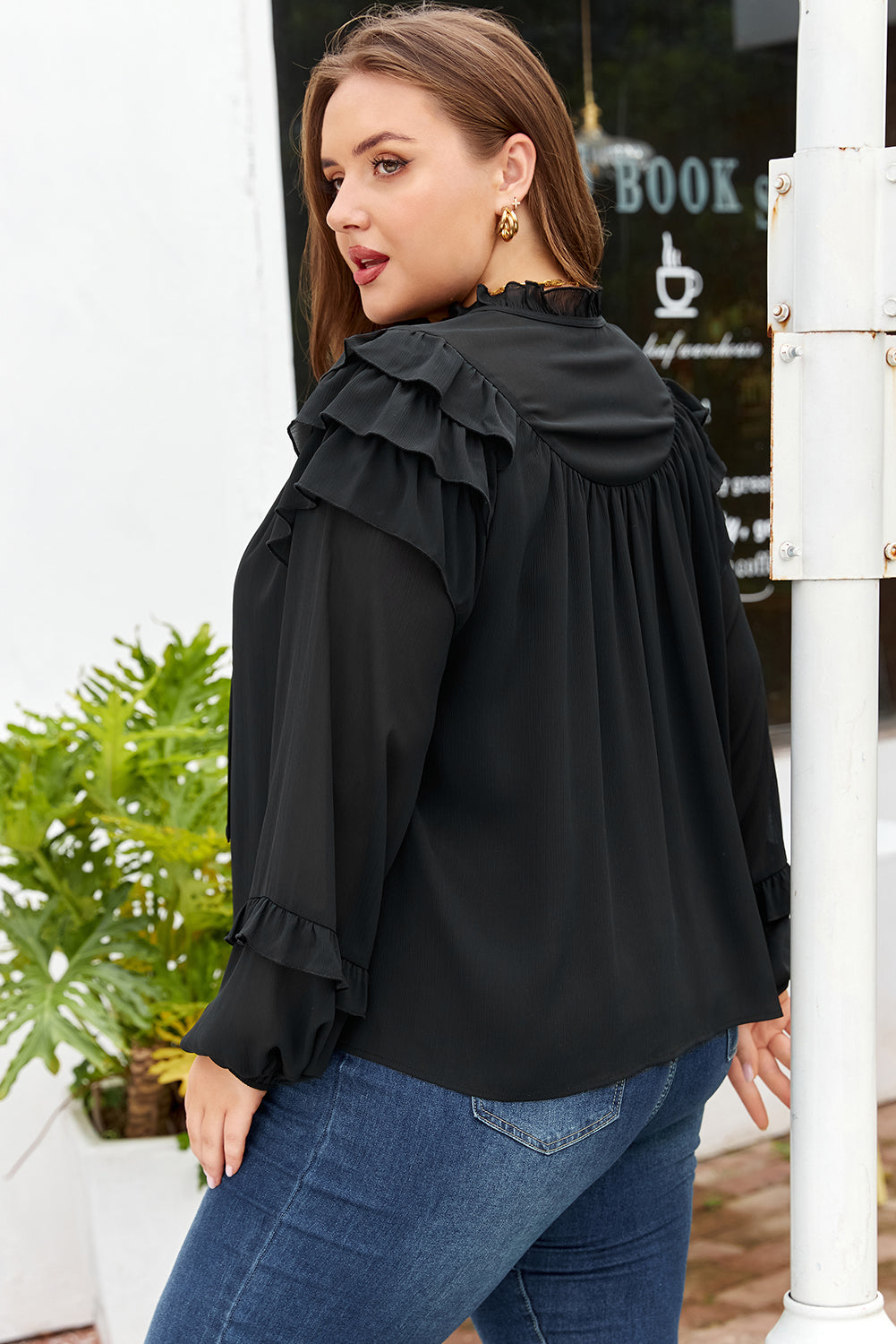 Black Ruffle Balloon Sleeve Chiffon Elegant Plus Size Shirt