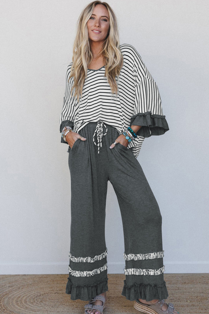 Gray Stripe V Neck Ruffle Contrast Sleeve Top Drawstring Pants 2pcs Set