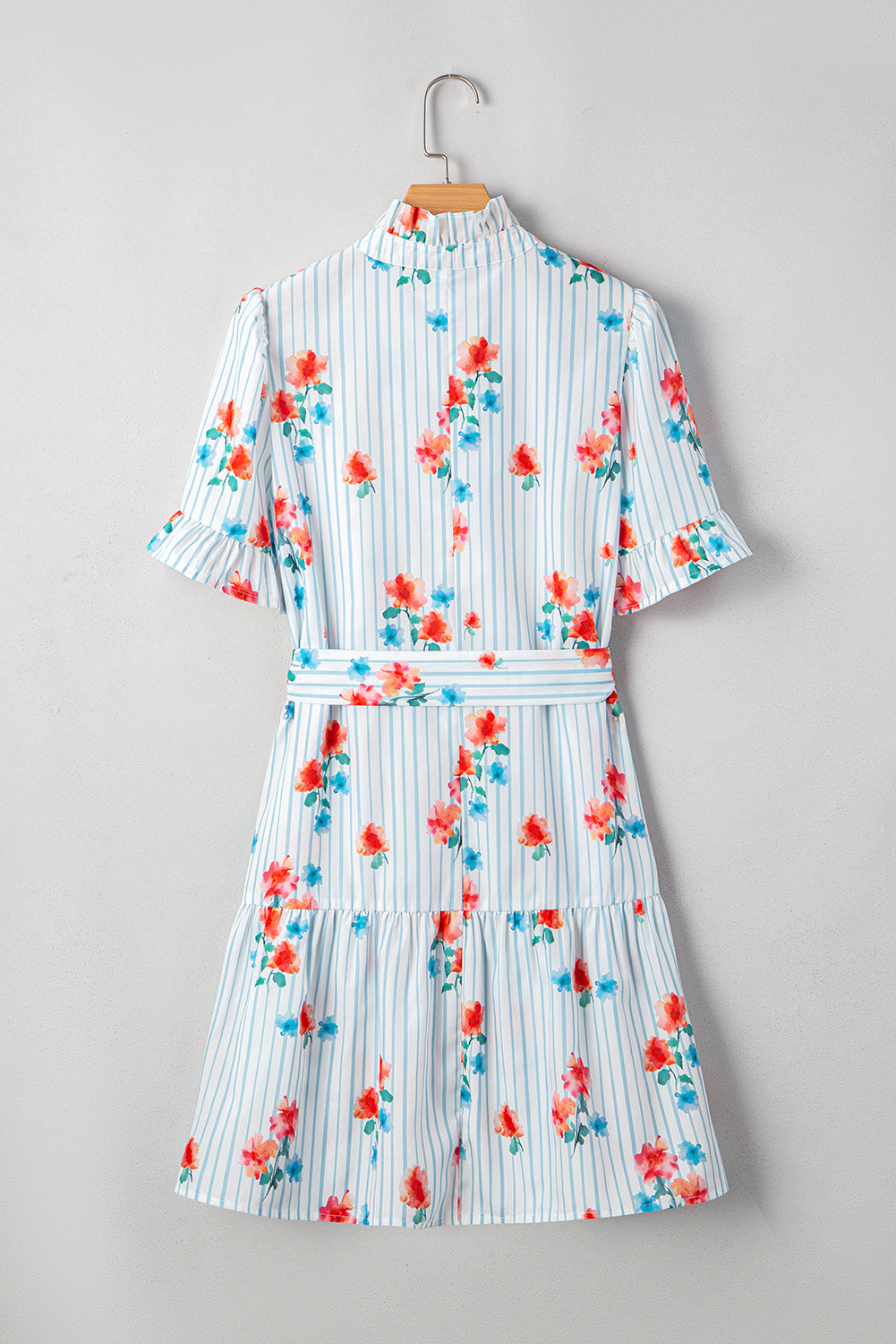 floral pattern ruffle short sleeve belted mini dress