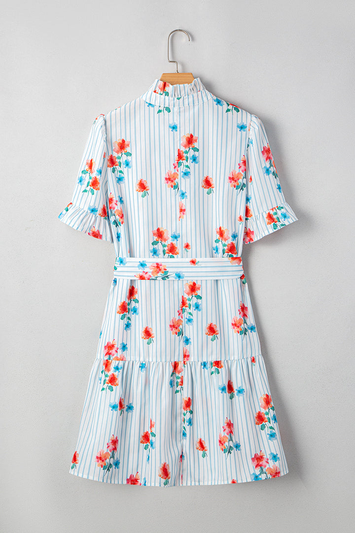 floral pattern ruffle short sleeve belted mini dress