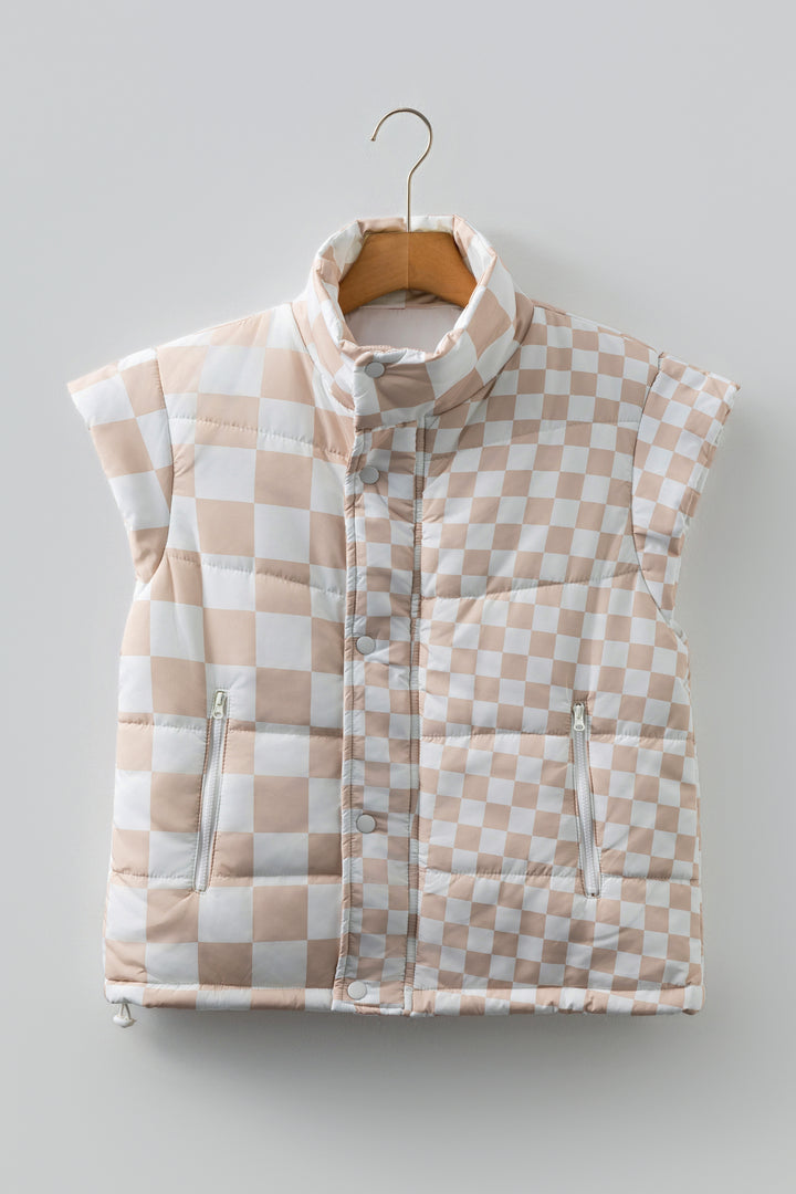 Khaki Contrast Plaid Quilted Button Zip Up Vest