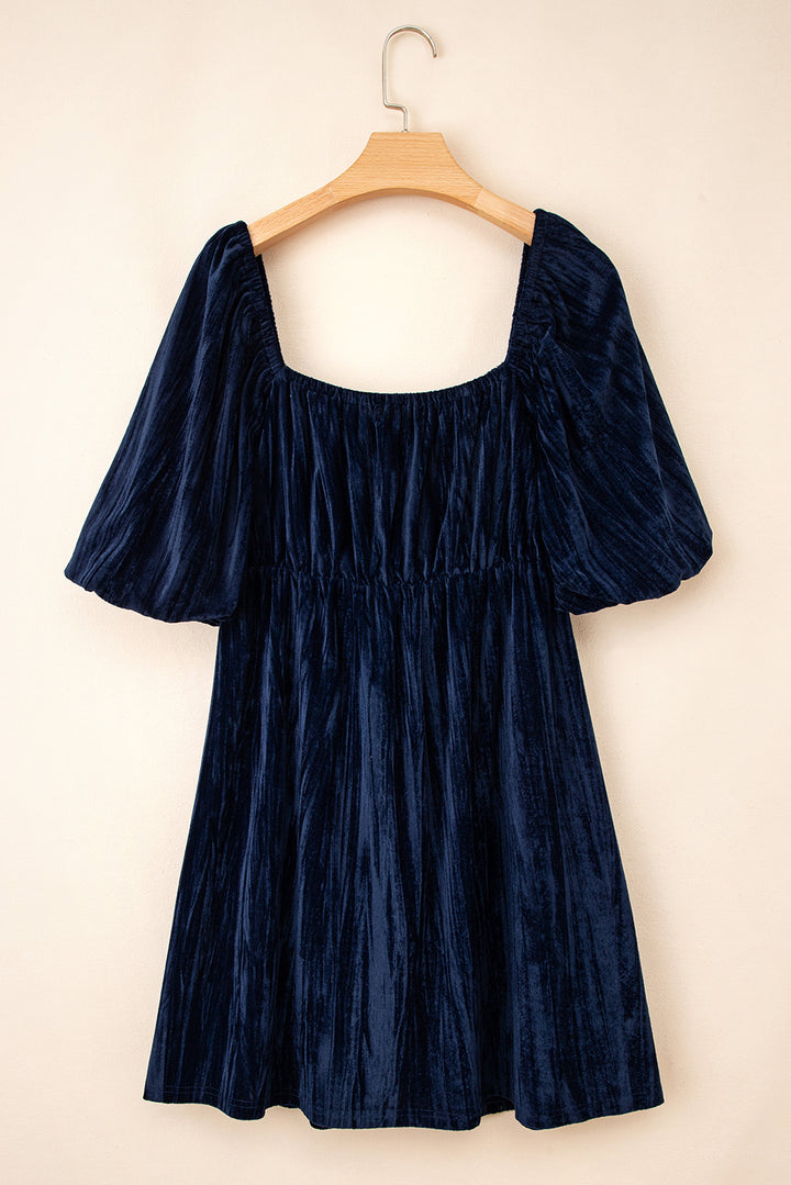 Navy Blue Velvet Ruched Bust Square Neck Short Sleeve Plus Dress