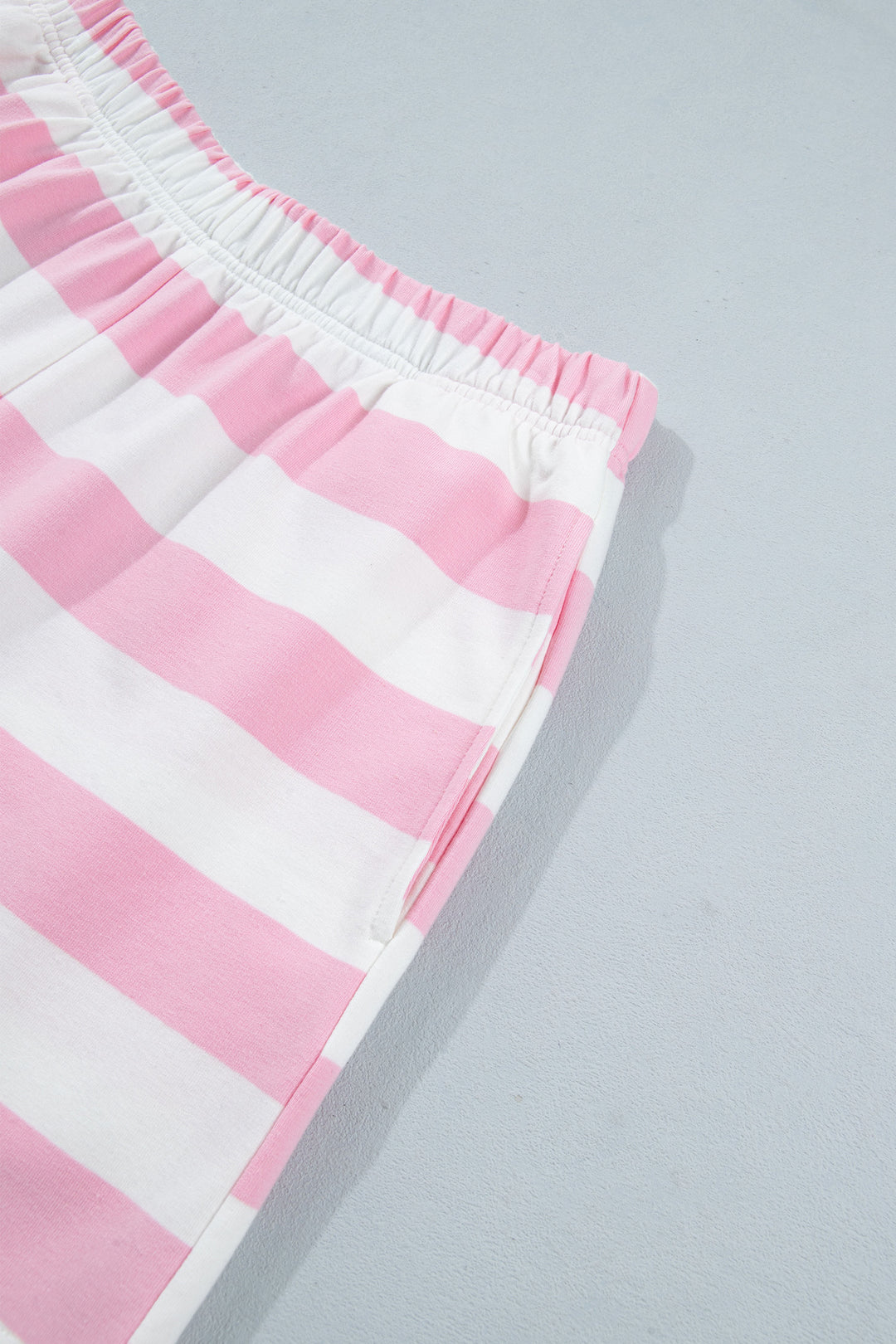 Pink Stripe Patchwork Zipper Pullover Elastic Waist Shorts 2pcs Set